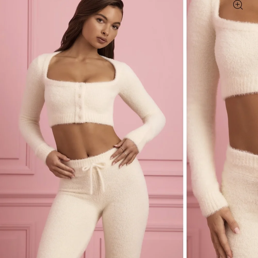 NWT Oh Polly Sharni Fluffy Knit Cropped Cardigan in Ivory, Size S